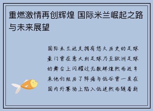 重燃激情再创辉煌 国际米兰崛起之路与未来展望